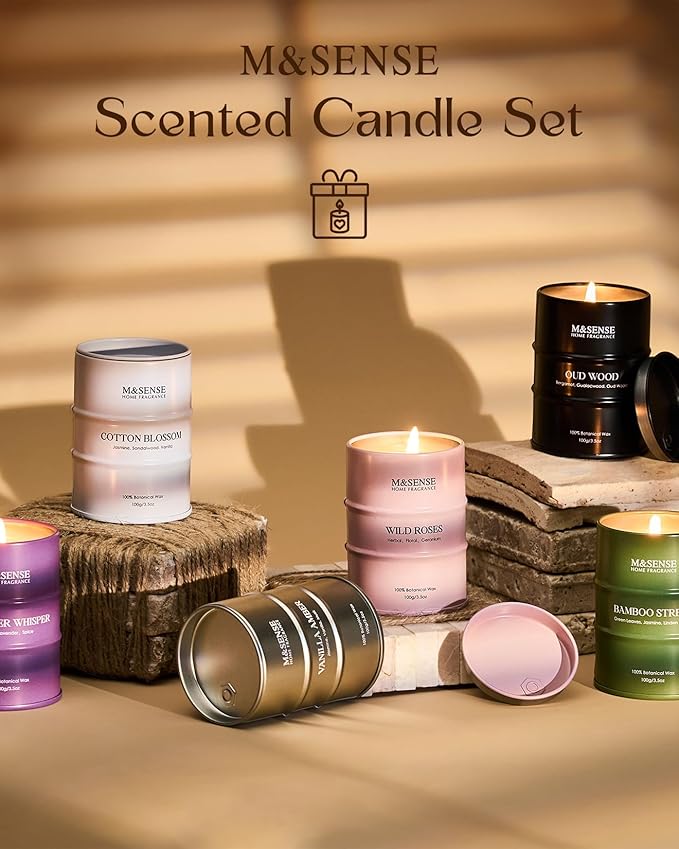 M&SENSE Spring Candle Gift Set | Mini Scented Candles Set | 6 Pack Candles for Home Scented,Oud Wood,Cotton Blossom,Vanilla Amber,Bamboo Rose Lavender Candle,Gift Set for Women,21 oz 105 Hour