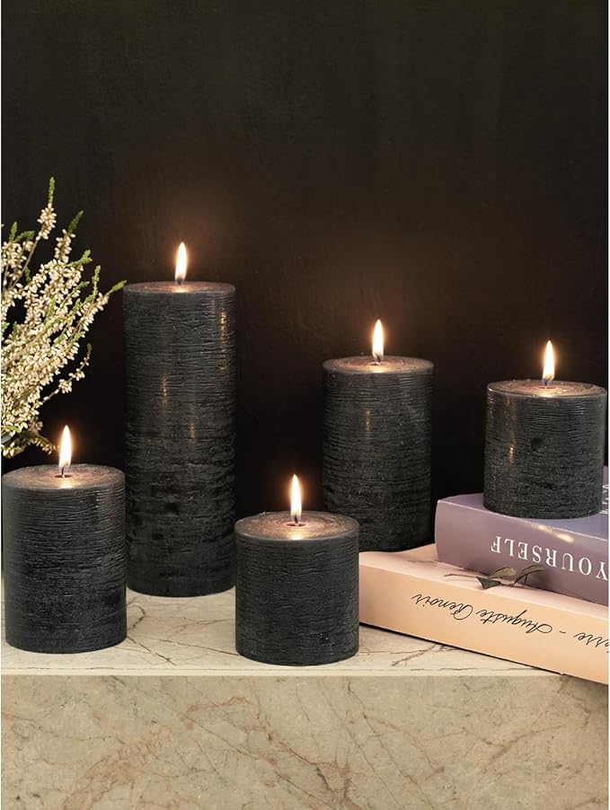 CANDWAX 3x3 Pillar Candles Set of 3 - Rustic Unscented No Drip Black Candles for Halloween Decor, Parties, Gothic Décor
