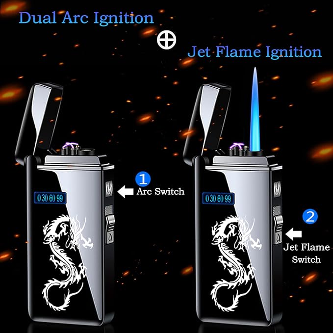 Arc Jet Flame Torch Lighter - 2 in 1 Electronic Refillable Butane, USB Rechargeable With Battery Indicator, Windproof Infinity Electric Plasma Cycle Charge (Blue Dragon)