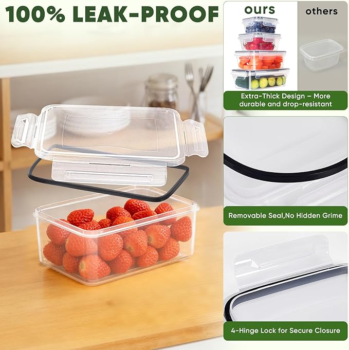 24-Piece PVC-Free BPA-Free Food-Grade Plastic Kitchen Set (12 Containers + 12 Lids), Leakproof Airtight Reusable Meal Prep & Food Storage Containers, Microwave and Dishwasher Safe
