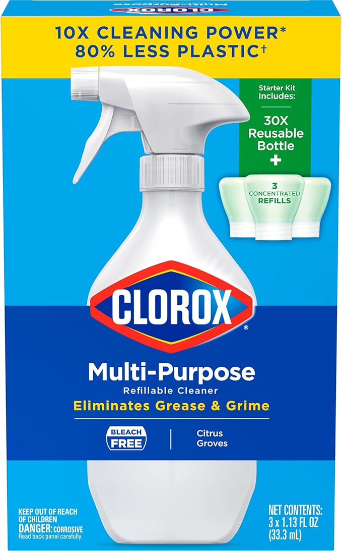 Clorox Multi-Purpose Spray Starter Kit 3x1.125fo, Household Essentials, Concentrated Refill + 20fo Spray Bottle