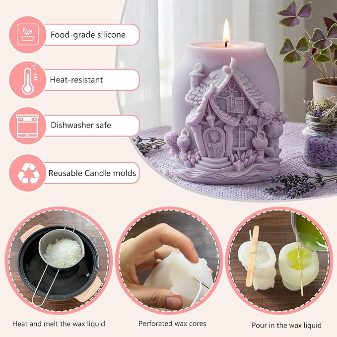 XIAOSHUI Magic House Relief Cylinder Candle Molds 3D Fairy Forest House Candle Silicone Mold for Candles Making Resin Casting Aromatherapy Candles Gypsum Craft Home Decorate