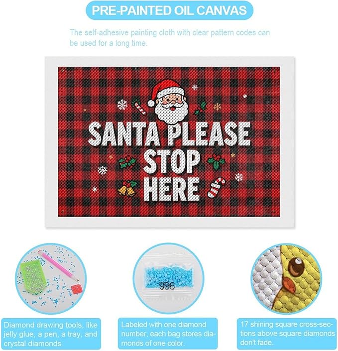 AIVKIEJK Diamond Painting Kits for Adults - Holly & Stars, Santa Please Stop Here Painting DIY 5D Full Drill Diamond Dots Paintings with Diamonds Gem Art and Crafts Home Decor 8"x12"