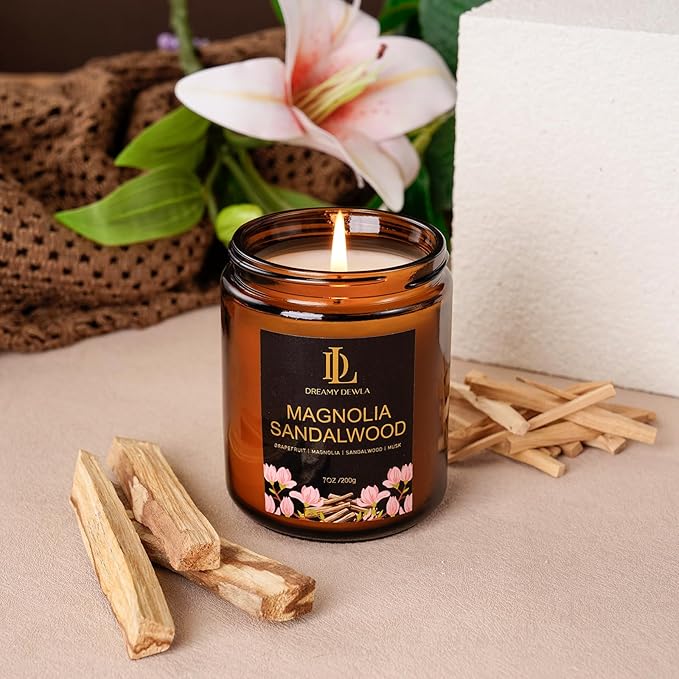 Magnolia & Sandalwood Scented Candles, Soy Candle for Home Scented, Amber Jar Candles Gifts for Men Women, 7oz
