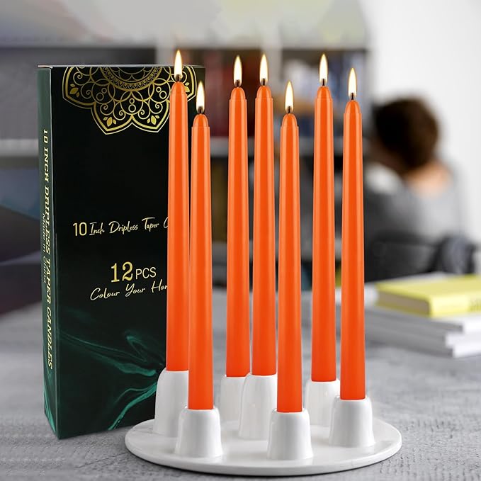 12-Pack 10-Inch Orange Taper Candles - Cotton Core, Clean Burning unscented, Drip-Free & Smokeless, Elegant Conical Design for Halloween, Weddings & Family Celebrations