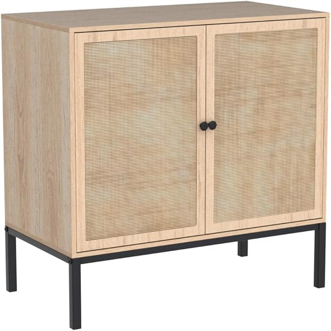 Yechen Set of 2 63" Sideboard Cabinet with Natural Rattan Doors, Buffet Console & Accent Cabinet, Rattan Credenza Storage with Metal Legs for Living Room, Kitchen, Dining Room
