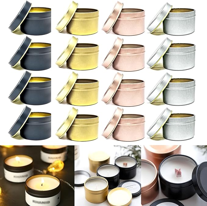 Unixing 16PCS 4oz Candle Tins for DIY Candle Making, Metal Round Candle Containers for DIY Candle Making, Arts & Crafts, Storage and Holiday Gifts, Black Gold Rose Gold Silver Candle Tins