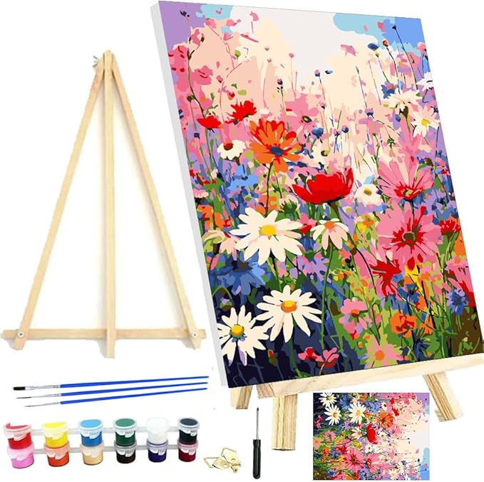 Meothan Framed Paint by Numbers Kits for Adults, Wild Flowers Paint by Number for Adults Beginners, Flower Paint by Numbers Kits on Canvas with Framed and Easel for Home Wall Decor 12x16inch