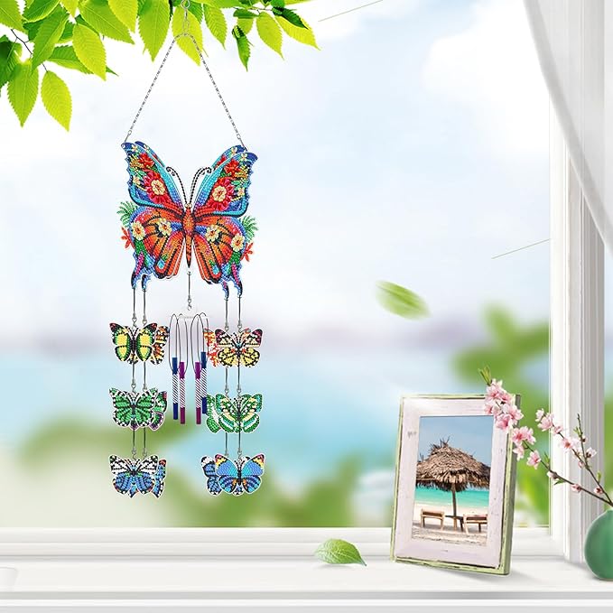 Butterfly Gem Art Wind Chime 5D DIY Kits Butterfly Diamond Art Painting Wind Chimes Hanging Ornaments Double Sided Special Shaped Crystal by Number Mosaic Wind Chime Pendant for Yard Tree Patio Decor