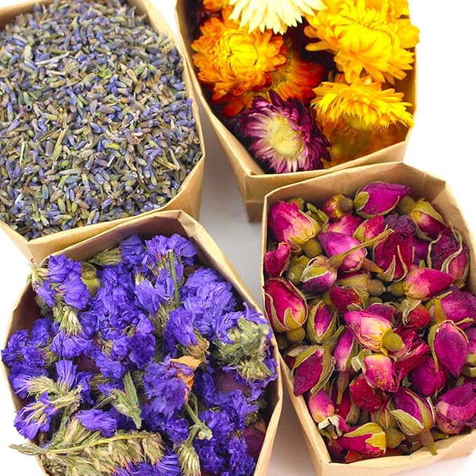9 Bags Set Dried Flowers Artisan Dried Flower Kit - Candle Making Soap Making DIY Candel Natural Flowers-Lemon,Lavender,Roseleaf,Pink Rose,Red Rose,Jasmine,Rose Petal and More