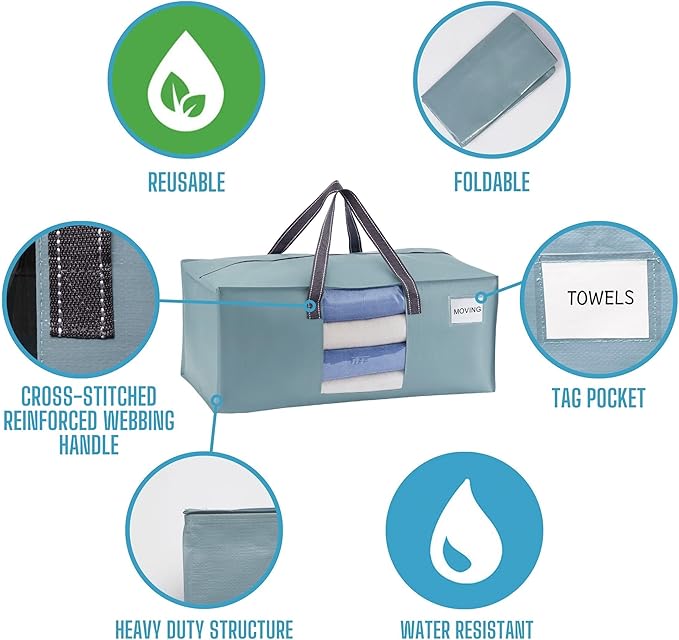 VENO 2 Pack Heavy Duty Moving Bags, Christmas Storage Bins with Lids, Transparent Window Design, Alternative to Moving Boxes, Storage Bags for Clothes, Blankets, Comforters (Light Blue Matte, 2 Pack)