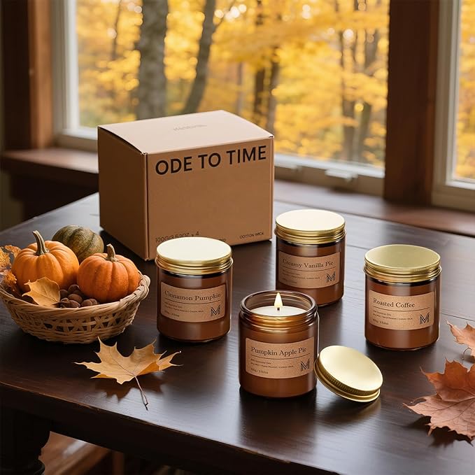 M&SENSE 4 Pack Fall Christmas Candle Gift Set, Aromatherapy Candle Gift for for Men and Women, Soy Wax Candles Home Scented, Long Lasting Amber Jar Xmas Candles for Christmas, Thanksgiving, Holiday