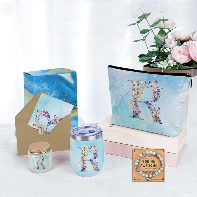 Personalized Gifts Monogrammed Birthday Gifts for Women, Mommy, Female Going Away Farewell Christmas, Initial Wine Tumbler Makeup Bag Scented Candle Bracelet Set, (Aesthetic Blue Flower R)