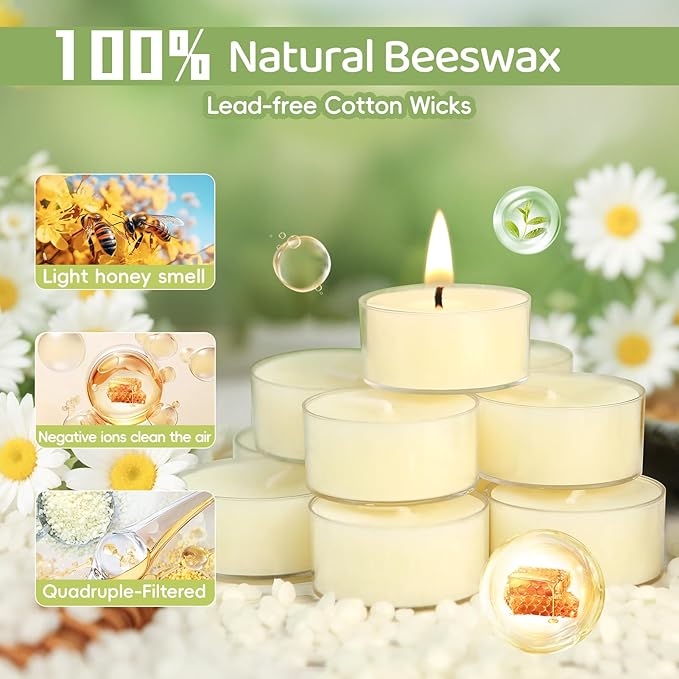 36Pcs White Beeswax Tea Light Candles-4 Hour Burn Time,100% Pure Natural Beeswax-Clean Burning & Air Purifying, Smokeless Bulk Tea Lights for Spa,Meditation,Wedding & Home Decor