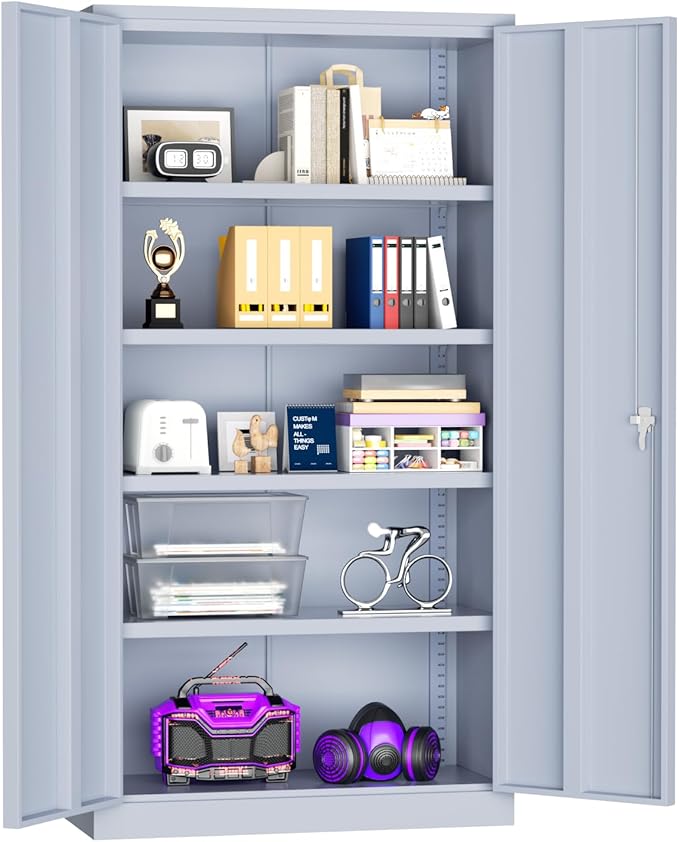 Superday Metal Storage Cabinets, 72" Storage Cabinet with Locking Door, Tall Garage Cabinet with 2 Doors and 4 Adjustable Shelves for Home Office, Classroom, Easy Assemble(Grey)