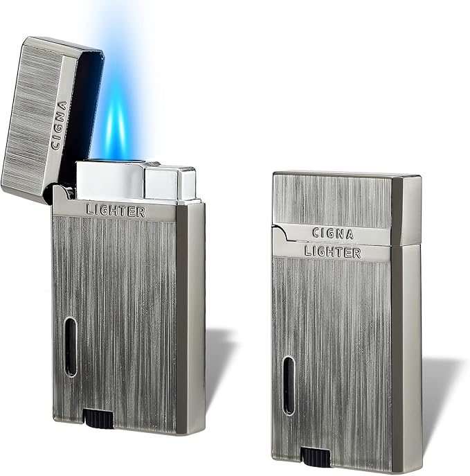 Yeuligo 2 Pack Double Flame Torch Lighters, Classic Pocket Lighters with Visible Window, Adjustable Jet Torch Lighter, Refillable Butane Lighter for Men and Women (Brushed Grey)