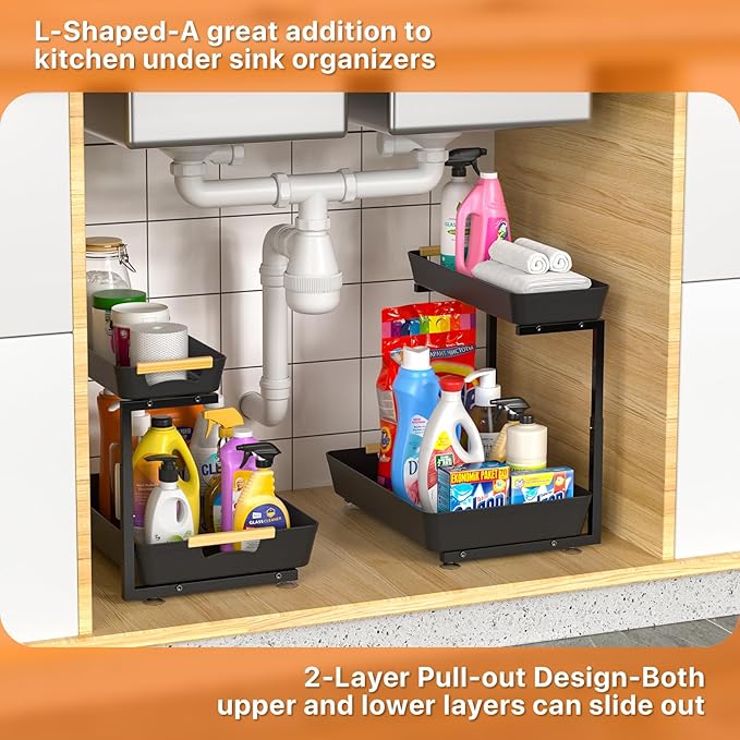 2 Pack Under Sink Organizer, 2 Tier Pull Out Under Sink Organziers and Storage, Height Adjustable Slide Out Under Sink Cabinet Organizer for Kitchen Bathroom Laundry