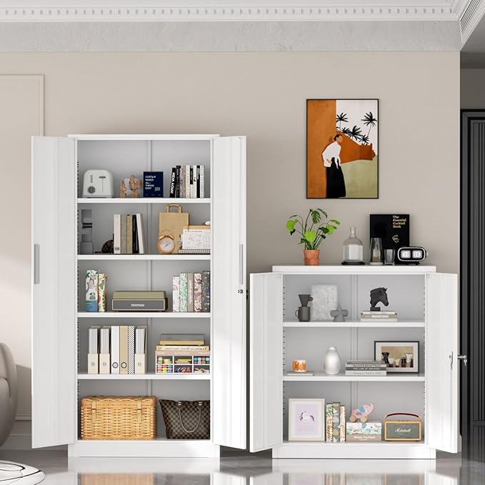 Superday Metal Storage Cabinets, 71" Steel Storage Cabinet with Lock, Tall White Cabinet with 2 Doors and 4 Adjustable Shelves for Garage, Home Office, Classroom, File, Easy Assemble