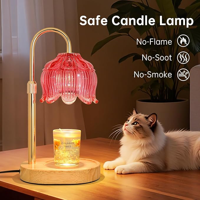Flower Candle Warmer Lamp for Jar Candles with Timer & Dimmer, Adjustable Height Fits Large Jars up to 7.08" Tall, Flameless Wax Warmer, Cozy Bedroom Home Decor, Gift for Mom Women,Red