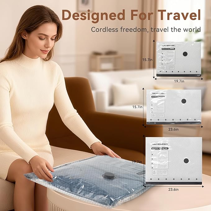Vacuum Seal Bags for Clothing Travel，15 Combo Size with Cordless Electric Pump，Space saving vacuum bags for travel and clothing storage
