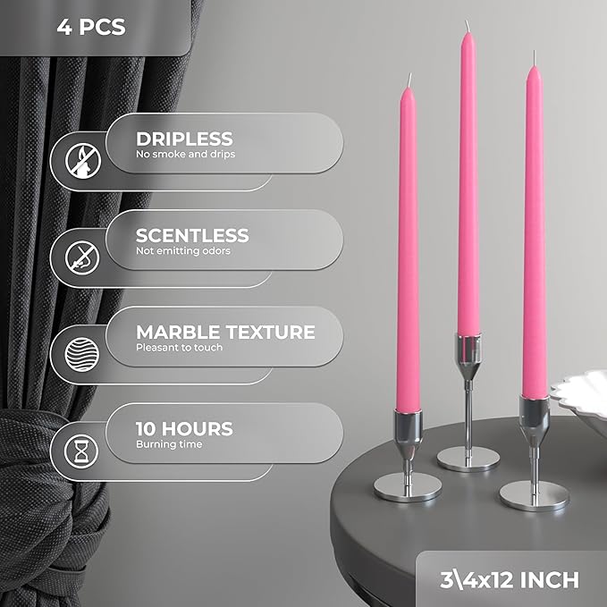 CANDWAX 12 inch Taper Candles Set of 4 - Dripless and Smokeless Candle Unscented - Slow Burning Candle Sticks - Pink Candles Taper