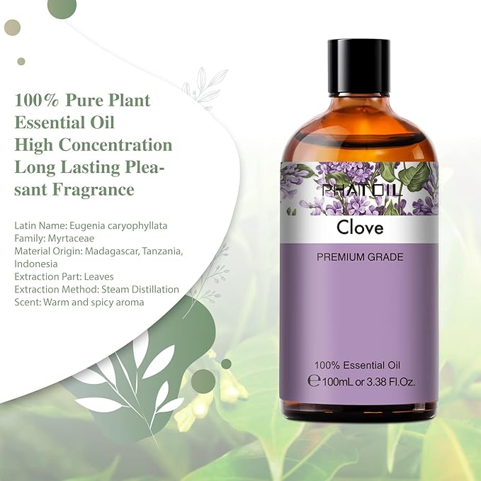 PHATOIL 3.38Fl.Oz Clove Essential Oil, for Aromatherapy Diffusers with Glass Dropper, Humidifiers, Great for DIY Candle and Soap Making, Gift for Friend