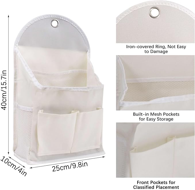2 Pack Wall Hanging Storage Bag with Pocket, Fabric Organizer Basket with Sticky Hook, Over the Door Caddy Organizer Box for Closet Dormitory Bedroom Bathroom Kitchen (Beige)