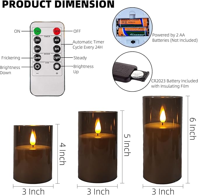 NICEME Gray Flickering Flameless Candles, Battery Operated Acrylic LED Pillar Candles with Remote Control and Timer Flameless Halloween Candles for Christmas New Year Home Decor, Set of 5