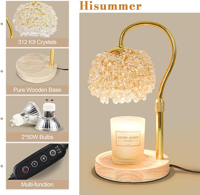 Hisummer Candle Warmer Lamp with Timer, Dimmable Candle Lamp Warmer with 312 K9 Crystals Adjustable Height Electric Candle Warmer for Women Gifts, Wax Warmer Lamp with 2 Bulbs for Jar Candles
