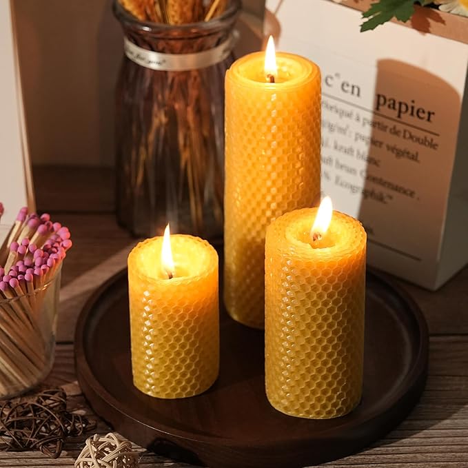Pure Beeswax Pillar Candles,3 Pack Hand-Rolled Natural Beeswax Candles(1.77x3in,2x4in,2x6in) 60 Hours Burning Unscented Bees Wax Candle for Home,Smokeless&Dripless Pillar Candle for Meditation,Wedding