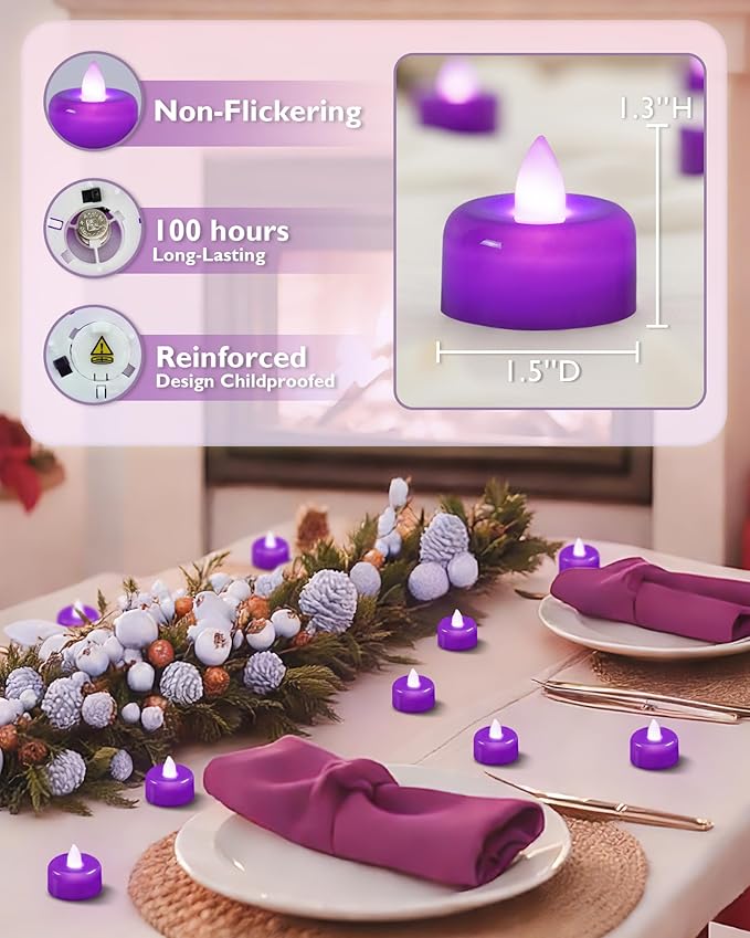 Amagic 12 Pack Purple Flameless LED Tea Lights Candles Battery Operated, Electric Fake Tealight Candles for Party, Wedding, Table Centerpiece, Home Decor, Mardi Gras, Halloween, Christmas, Proposal