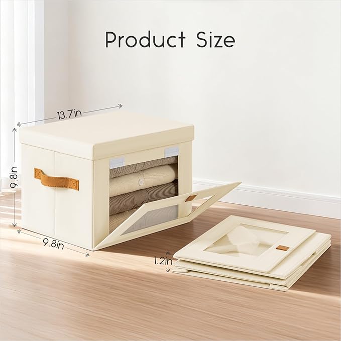 Small Fabric Storage bins - Collapsible Storage Bins with Open Window, 3 Pack Closet Baskets for Shelves, Stackable Decorative Boxes for Home, Dorm, Beige, 13.7"x 9.8" x 9.8"