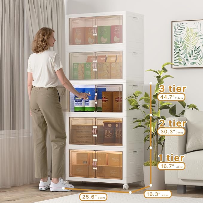Extra Large Stackable Storage Bins with Lids & Wheels, 360QT-120QT/30GAL*3Pack Foldable Collapsible Closet Organizers Storage Cabinet with Doors for Bedroom Dorm