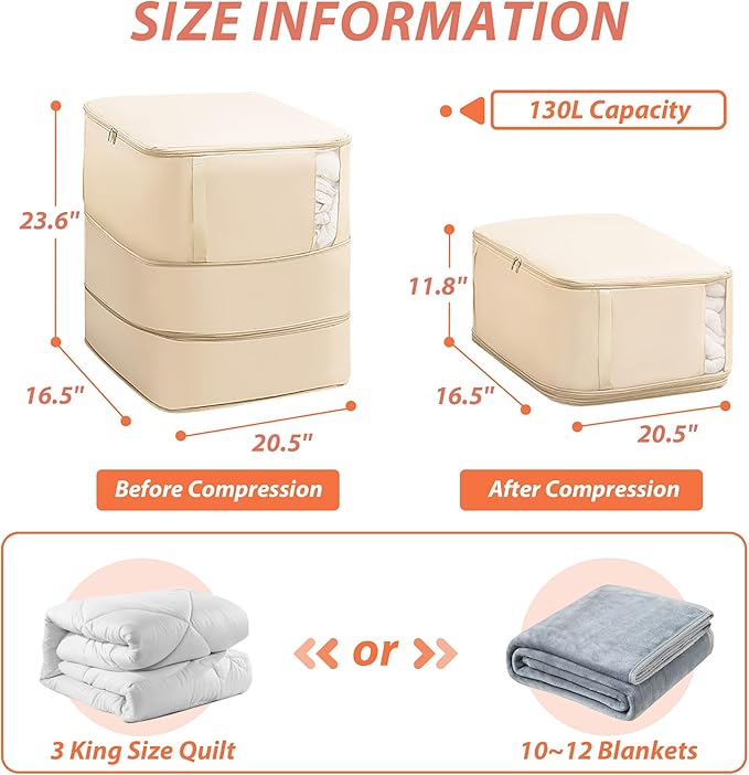 Veki Comforter Storage Bag, Space Saving Self Compression Foldable Blanket Storage Bags, Closet Organizer With Handle and VisualiZation Window, Large capacity 130L for Bedding, Clothes (Apricot XL)