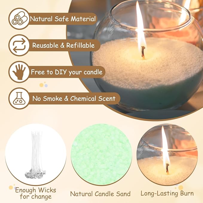 MECCANIXITY Pearled Sand Candles with 20 Pcs Wicks 7Oz / 200g Candle Beads Refillable Powder Sand Wax Making Kit for Thanksgiving Christmas Wedding Party DIY Home Crafts, Light Green