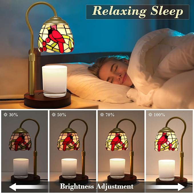 Candle Warmer Lamp with Timer Dimmer, Adjustable Height Candle Warmer for Jar Candles, Birthday Gifts for Women New Home Bedroom Decor Tiffany Red Cardinal Style Stained Glass with 2 Bulbs