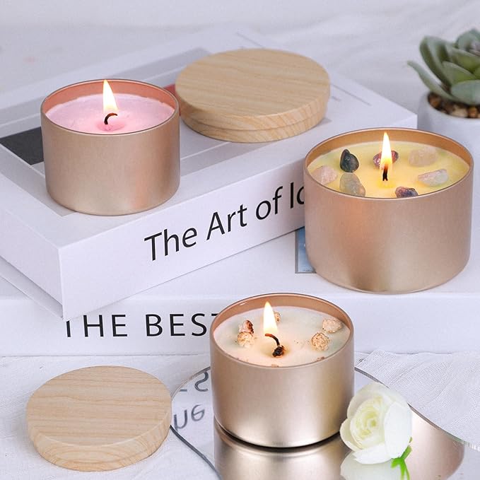 CONNOO 24 Pack Candle Tins, 12pcs 8 OZ & 12pcs 4 OZ Champagne Gold Jars with Metal Wood-Grain Lids for Making Candles, Bulk Empty Containers for Candle Making, Wick Kit Included