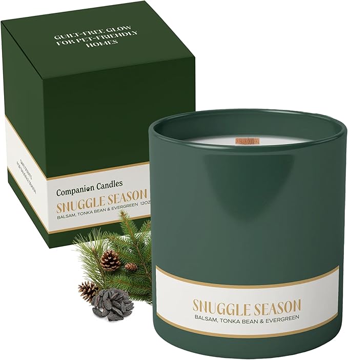 Companion Candles Snuggle Season Pet-Friendly Scented Candle – Balsam, Tonka Bean & Evergreen Fragrance - Coconut Soy Wax Candle with Wooden Wick, Approx. 50-Hour Burn Time, Made in USA, 11.8 oz