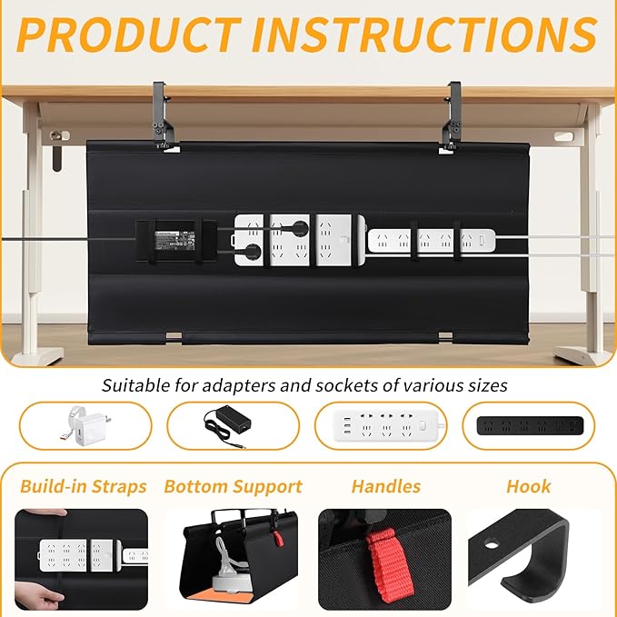 Under Desk Cable Management Tray with Clamp, No Drill 36" Cord Organizer for Desk, Desk Cable Management Fabric Tray for Standing Desks, Ideal for Home & Office - Black