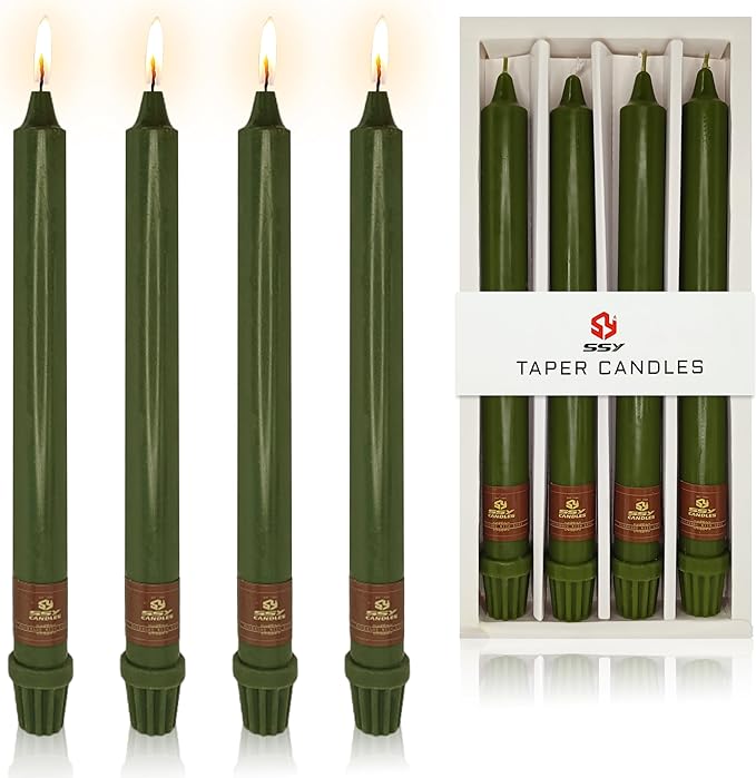 Olive Green Taper Candle 10 Inch Long Candlesticks Unscented Dripless Tapered Candle Set for Home Decor Wedding Party Dinner Candles, 4 Pack