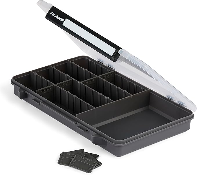 Plano StowAway 3700 50/50 Split Stow Tackle Box, 4-Pack, Corrosion-Preventive Rustricor, Single Latch Design, Transparent DuraView Lid, Stackable Storage for Fishing Bait, Lures and Gear