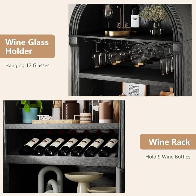 Vlsrka 71" Tall Arched Kitchen Pantry Cabinets, Wood Kitchen Storage Cabinets/Arched Bookshelf/Bookcase,China Cabinet with Open & Adjustable Shelves, Induction LED Light (Black A)