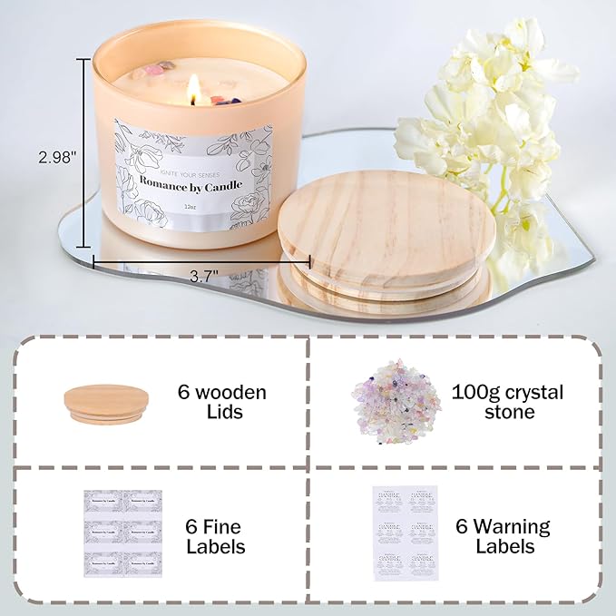 6Pcs Assorted Camel Candle Jars for Making Candles, 12oz Empty Candle Jars with Bamboo Lids,Labels and 100g Crystal Rocks, Glass Jars for Candle Making Supplies, Candle Containers for DIY Gifts