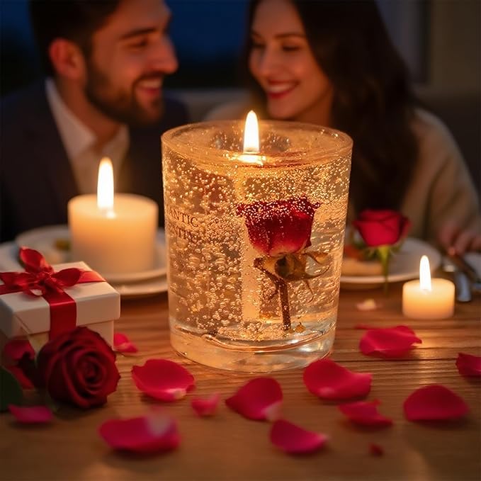 Gel Wax Candle,Sparkling Real Rose & Gold Flakes Candle in Glass Jar,Floral Scented,Smokeless Clean Burn,Glam Home Decor or Wedding,Bridesmaid Gift,Photo Prop,Self Love Healing (Floral)