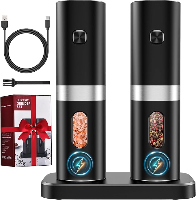 Electric Salt and Pepper Grinder Set, New Rechargeable Salt and Pepper Mill with Charging Base, Adjustable Coarseness Shakers with LED Light, One Hand Operation for Kitchen Appliances Gifts for Women