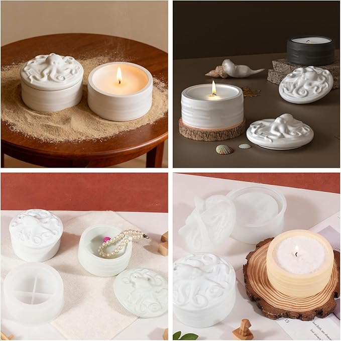 Octopus Jar Silicone Mold with Lid for DIY Aromatherapy Candle, Resin Epoxy Storage Container, Cement Plaster Craft - Cylinder Trinket Box, Handmade Gift Craft Kit with Cylinder Box Mold