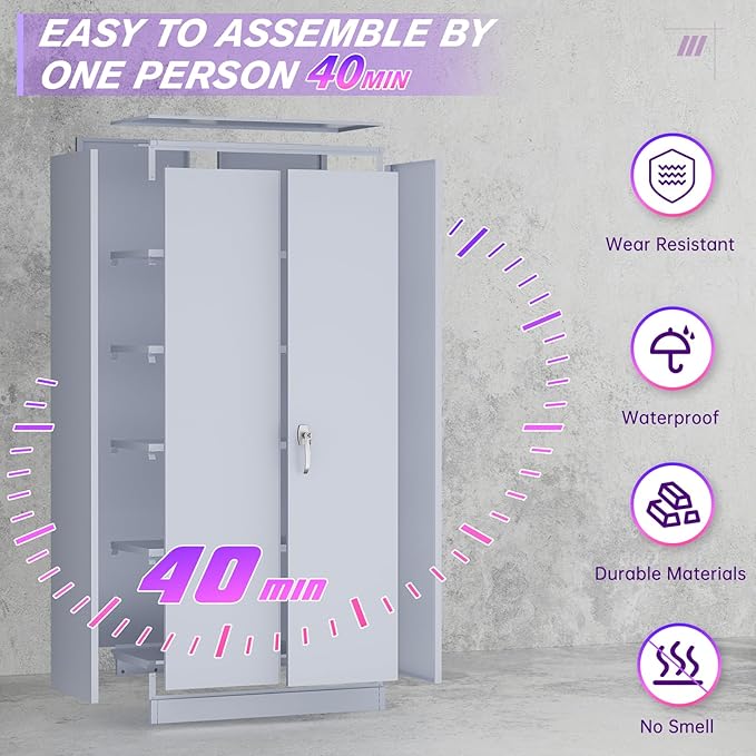 Superday Metal Storage Cabinets, 72" Storage Cabinet with Locking Door, Tall Garage Cabinet with 2 Doors and 4 Adjustable Shelves for Home Office, Classroom, Easy Assemble(Grey)