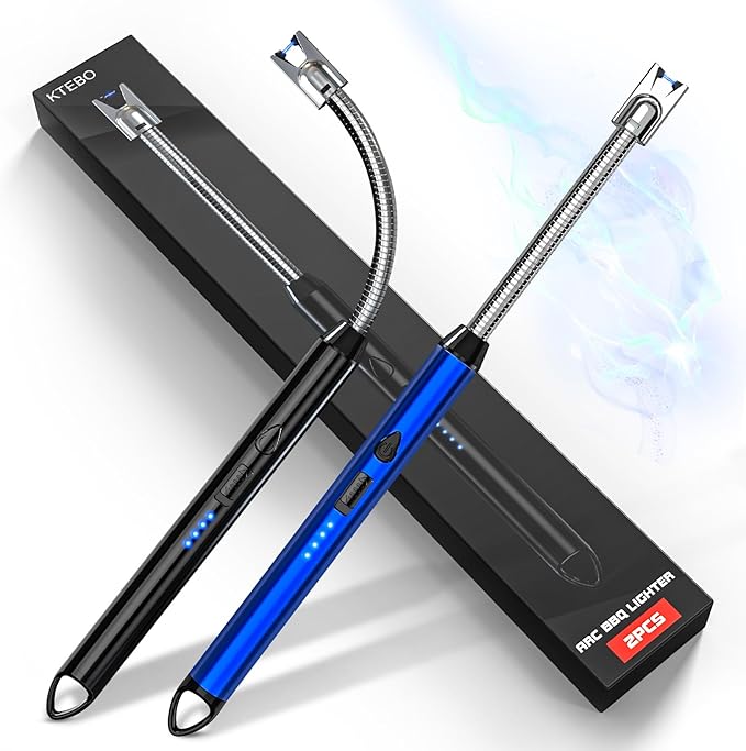 KTEBO 2 Pack Plasma Arc Electric Candle Lighters Rechargeable, Flexible Gooseneck Long Reach for Scented Candles, BBQ Grill &Camping - Windproof Design Lighters - Stocking Stuffers, Black & Blue