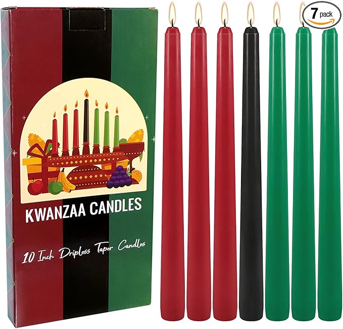 Kwanzaa Taper Candles, 3 Red,3 Green and 1 Black, 10 Inch Smokeless and Dripless Tall Candlestick, 8-8.5 Hour Long Burning time,African Holiday Mishumbaa Saba