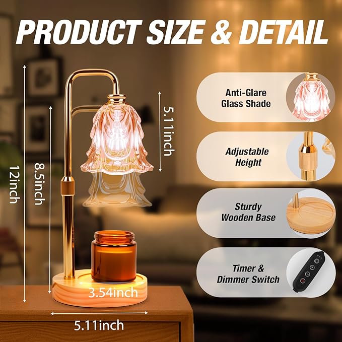 Candle Warmer Lamp with Timer and Dimmer, Electric Wax Warmers for Scented Candles with 5 Brightness Settings, Anti-Glare Lamp with Adjustable Height, Home Decor, Gift for Christmas, Birthday